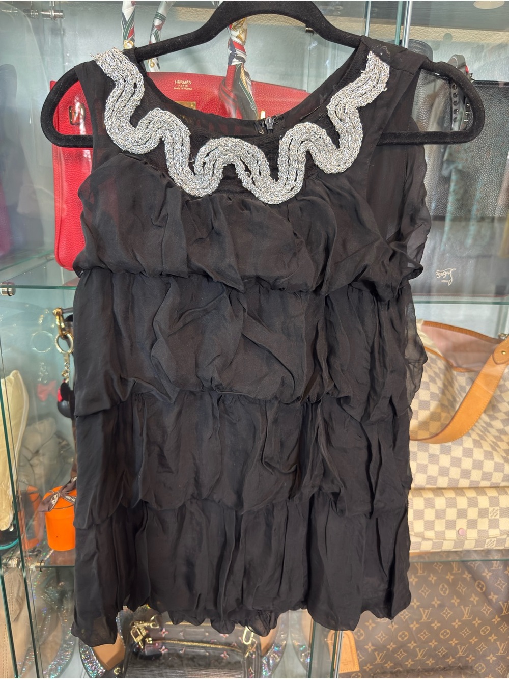 Black Sleeveless Ruffled Blouse with Silver Beaded Neckline